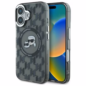 Karl Lagerfeld IML Monogram Karl & Choupette Head Magnētiskais viedtālruņa apvalks iPhone 16 - melns