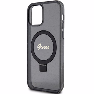 Guess Ring Stand Script Glitter Magnētiskais viedtālruņa apvalks iPhone 12/12 Pro - melns