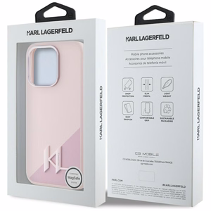 Karl Lagerfeld silikona Magnētiskais viedtālruņa apvalks ar metāla iniciāļu ēnas detaļām iPhone 15 Pro, rozā