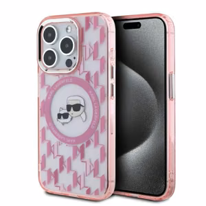 Karl Lagerfeld IML Monogramma Karl & Choupette Galva Magnētiskais Viedtālruņa apvalks iPhone 15 Pro - rozā