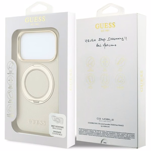 Guess Grained Classic Logo vāciņš modelim iPhone 18 Pro / 17 Pro, ar 360° gredzenu-statīvu, saderīgs ar MagSafe – bēšs
