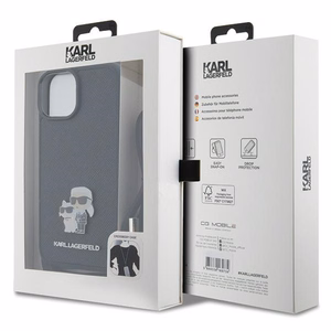 Karl Lagerfeld krustveida Saffiano metāla piespraude Karl & Choupette viedtālruņa apvalks iPhone 15 Plus - melns