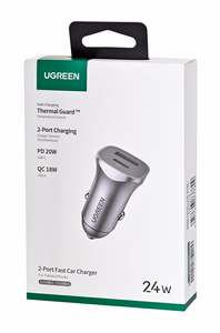 Ugreen USB Type-C / USB 24W Power Delivery Quick Charge automašīnas lādētājs pelēks (30780)