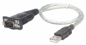 Manhattan USB-A to Serial Converter cable, 45cm, Male to Male, Serial/RS232/COM/DB9, Prolific PL-2303RA Chip, Black/Silver cable, Three Year Warranty, Equivalent to ICUSB232V2