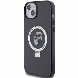 Karl Lagerfeld KLHMP15SHMRSKCK iPhone 15 6.1" melns/melns cietais apvalks ar gredzena statīvu Karl&Choupette Magnētiskais