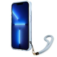 Guess GUHCP13SHTSGSB iPhone 13 mini 5.4 viedtālruņa apvalks, zils, ciets, daļēji caurspīdīgs ar siksniņu