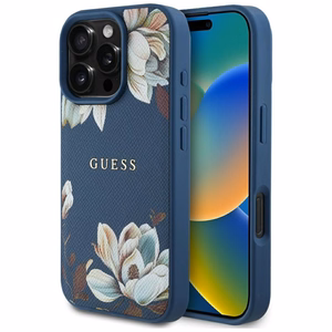 Guess Grained Printed Flower Pattern MagSafe viedtālruņa apvalks iPhone 16 Pro zils