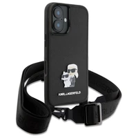 Karl Lagerfeld Saffiano Karl&Choupette Metal Pin CBDY siksna iPhone 16 viedtālruņa apvalks – melns
