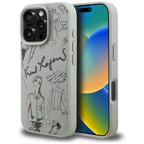 Karl Lagerfeld Grained Pattern & Logo MagSafe Maciņš for iPhone 16 Pro Max - pelēks