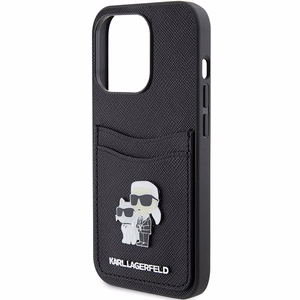 Karl Lagerfeld Saffiano karšu slotiņa Karl&Choupette metāla piespraude apvalks iPhone 15 Pro - melns