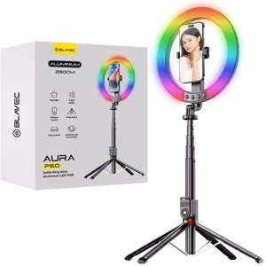 Blavec Selfie gredzena lampa Aluminium Aura LED RGB gredzens P-50 25cm statīvs + tālvadības pults + 2,3 metri (RLP50-TRB23) melna