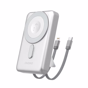 Dudao K29 10000mAh PD 20W MagSafe внешний аккумулятор в металлическом корпусе, с подставкой и встроенными кабелями USB-C/Lightning - Серебряный
