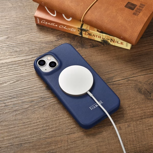 iCarer CE Premium ādas folio viedtālruņa apvalks iPhone 14 Plus magnētiskais atveramais ādas folio apvalks MagSafe zila