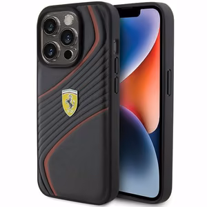 Ferrari Twist Metal Logo viedtālruņa apvalks iPhone 15 Pro - melns