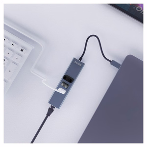 Savio AK-57 USB-A uz 3x USB-A centrmezgls ar RJ-45 Gigabit Ethernet adapteri, USB 3.2 Gen 1, melns/pelēks