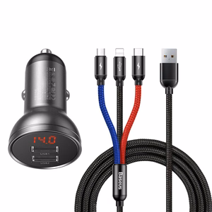 Автомобильное зарядное устройство Baseus с дисплеем 24W + USB кабель 3в1 Baseus Three Primary Colors 1,2м