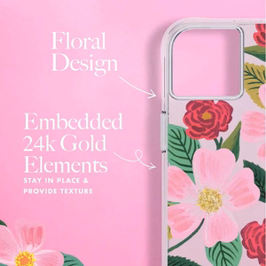 Rifle Paper Clear vāciņš ierīcei iPhone 14 Plus, ar zelta krāsas rotājumu, ar “Rose Garden” rakstu
