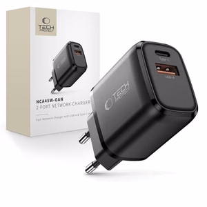 Tech-Protect NCA45W-GAN 2 portu USB-C / USB-A 45W sienas lādētājs - melns