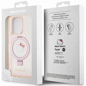 Hello Kitty gredzena statīvs spīdīgs Electrop Logo magnētiskais viedtālruņa apvalks iPhone 15 Pro - rozā