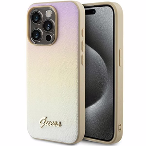 Guess Saffiano Iridescent Script viedtālruņa apvalks iPhone 15 Pro - zelta