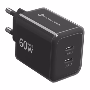 Forcell F-Energy GaN III Crystal Color VT-60 tālruņa lādētājs, 2 × USB-C, AVS, SSFC3.0, 60 W, ar silikona USB-C–USB-C kabeli, melns
