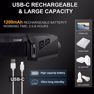 Ar USB-C uzlādējams LED galvas lukturis ar kustības sensoru, IPX4, 1200 mAh – melns