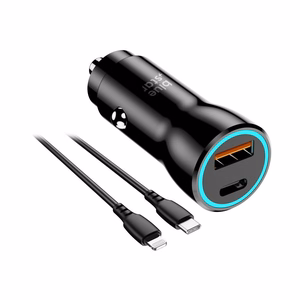 BLUE STAR automašīnas lādētājs 3A 25W Type C + USB A + kabelis Type C uz Lightning PD QC3.0 AFC PPS melns