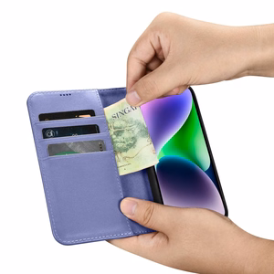 iCarer Maki apvalks 2in1 vāks iPhone 14 Plus Anti-RFID ādas atverams apvalks gaiši violets (WMI14220727-LP)