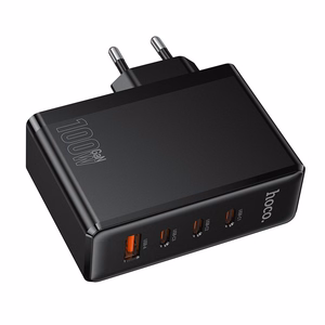 Hoco N85 100 W lādētājs ar trim USB-C pieslēgvietām un vienu USB-A pieslēgvietu, melns