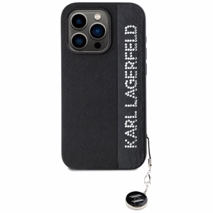 Karl Lagerfeld Saffiano ar rhinestones un šarma viedtālruņa apvalks iPhone 15 Pro Max - melns