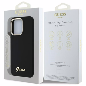 Guess silikona vāciņš ar metāla logotipu un metāla rāmi iPhone 16 Pro Max - melns