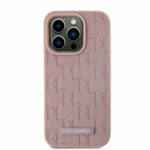 Karl Lagerfeld ādas monogrammas metāla logotips viedtālruņa apvalks iPhone 15 Pro Max - rozā