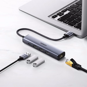 Ugreen CM475 daudzfunkcionāls sadalītājs USB 3.0 - 3x USB / Ethernet RJ-45 / USB Type-C PD - pelēks