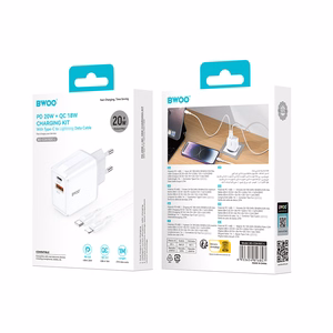 BWOO sienas lādētājs CDA182 QC 38W 1x USB-A + 1x USB-C ar USB-C C-Lightning kabeli 1 m melns