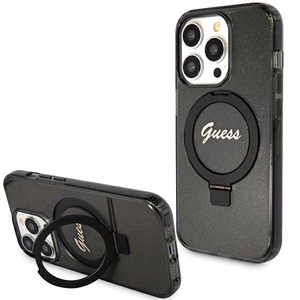 Guess viedtālruņa apvalks ar statīvu Ring Stand Script Glitter magnētiskais iPhone 15 Pro - melns