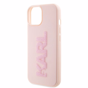 Karl Lagerfeld 3D gumijas spīdīgs logotips viedtālruņa apvalks iPhone 15 Plus - rozā