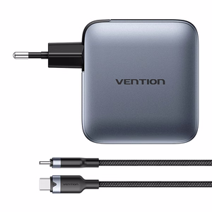 Vention strāvas lādētājs 3x USB-C, 1x USB-A (100W/100W/30W/30W) (pelēks) ar USB-C uz USB-C kabeli (1m) (melns)