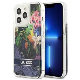 Guess GUHCP13LLFLSB iPhone 13 Pro / 13 6.1" zils cietais apvalks ziedu šķidrs spīdums