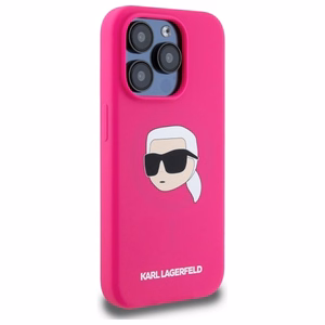 Karl Lagerfeld KLHMP15XSKHPPLF iPhone 15 Pro Max 6.7" cietais silikona viedtālruņa apvalks ar Karl Head apdruku un Magnētisko MagSafe funkciju, fuksija