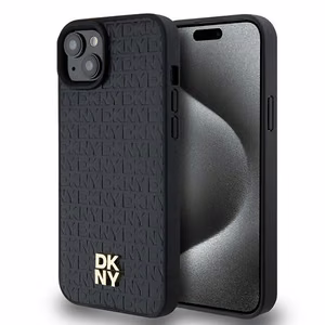 DKNY Ādas raksts metāla logotips Magnētiskais viedtālruņa apvalks iPhone 15 / 14 / 13 - melna