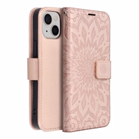 MEZZO grāmatas tipa viedtālruņa apvalks IPHONE 13 Mini ar mandalas rakstu, rozā zelta krāsā