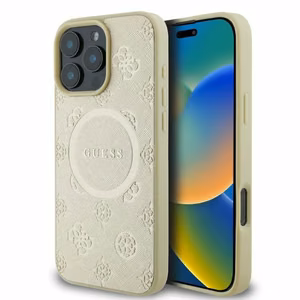 Guess Saffiano Peony klasiskā logotipa magnētiskais viedtālruņa apvalks iPhone 16 Pro - zelta