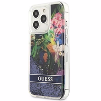 Guess GUHCP13LLFLSB iPhone 13 Pro / 13 6.1" zils cietais apvalks ziedu šķidrs spīdums