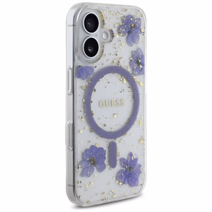 Guess Resin Flowers Glitter MagSafe iPhone 16 viedtālruņa apvalks (m) - violets
