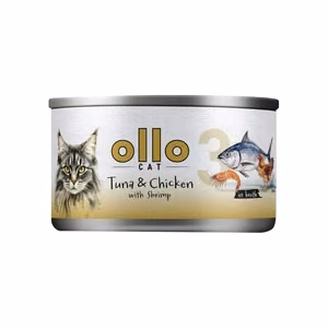 Ollo Cat No. 3 – mitrā kaķu barība ar tunci, vistas gaļu un garnelēm buljonā, 70 g