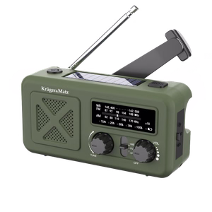 Kruger&Matz pārnēsājamais saules enerģijas avārijas radio ar SOS, 2000 mAh ārējo akumulatoru, lukturīti un dinamo