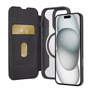 Puro Book Mag Magnētiskais ādas apvalks ar vāciņu un kartes slotu iPhone 16 Pro - melns