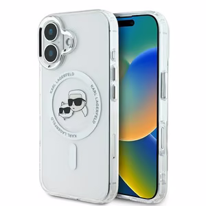 Karl Lagerfeld IML Metal Karl&Choupette Head magnētiskais viedtālruņa apvalks iPhone 16 Plus - balts