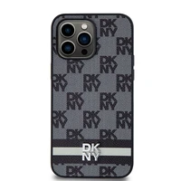 DKNY Ādas rūtainais mono raksts un drukātās svītras viedtālruņa apvalks iPhone 14 Pro Max - melns