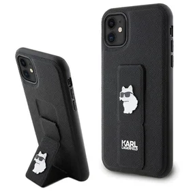 Karl Lagerfeld Gripstand Saffiano Choupette Pins viedtālruņa apvalks iPhone 11 / Xr - melns